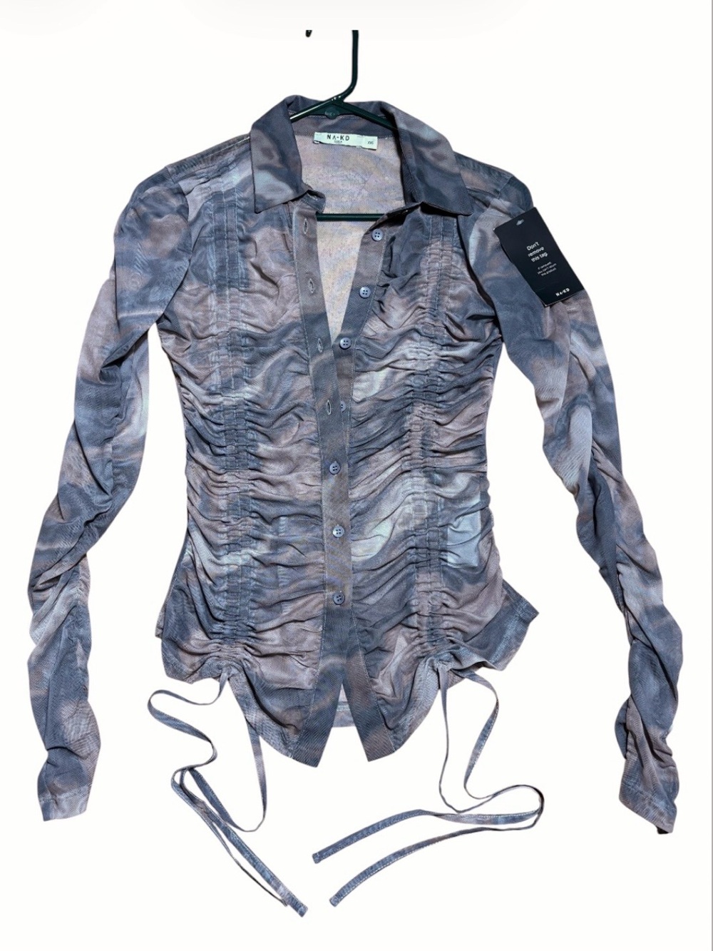 NA-KD Semi-Sheer Mesh Ruched Button Down Top NWT In Brown/Gray Sz XXS